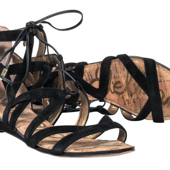 SAM EDELMAN - Black Suede Lace-Up Gladiator Flat Sandal SIZE 6 - Picture 1 of 5